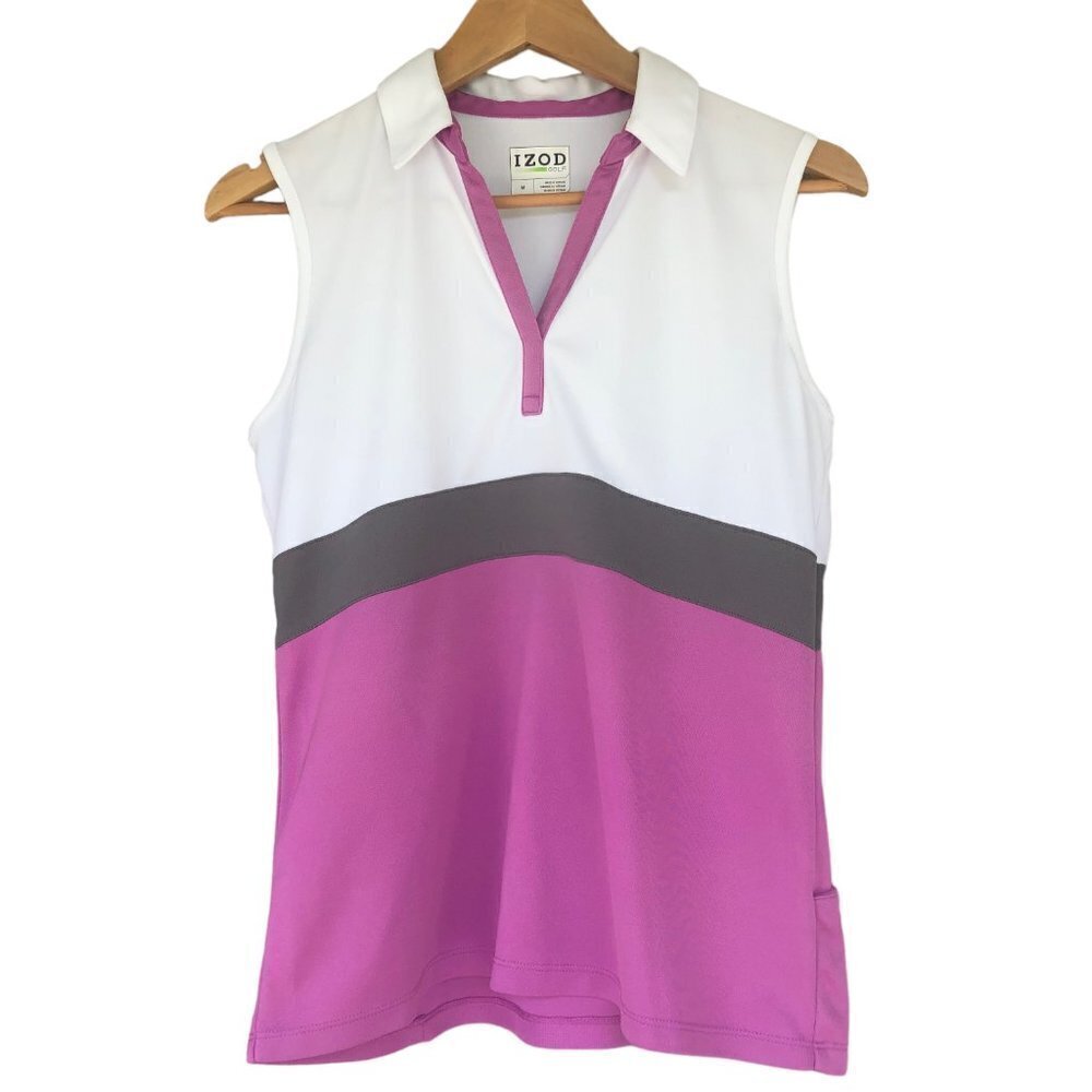 Izod Golf Top Size Medium Lavender / Gray / White Collar Pockets VGC